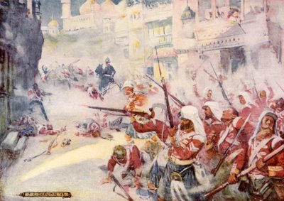 英国の兵士は通りを進んで戦っているのを見られました 作： Joseph Ratcliffe Skelton